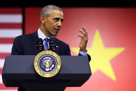 U.S. President Barack Obama attends a town hall meeting with members of the Young Southeast Asian Leaders Initiative (YSEALI) at the GEM Center in Ho Chi Minh City, Vietnam May 25, 2016. REUTERS/Carlos Barria