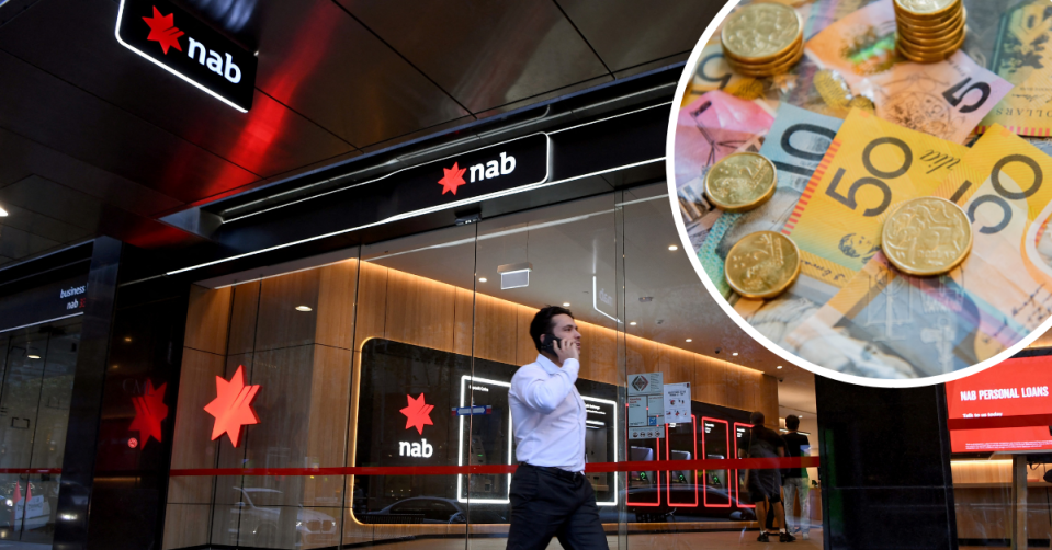 A man walks past a NAB branch holding a phone to his ear. Australian cash and coins in a bubble in the top right corner.