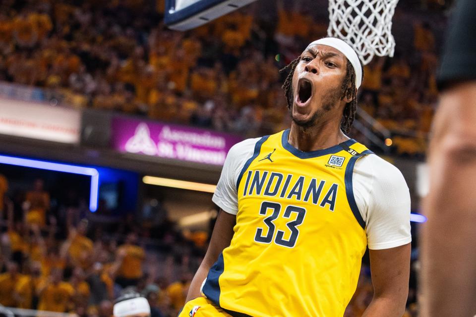 Myles Turner celebrates during the Indiana Pacers' win over the New York Knicks in Game 6.
