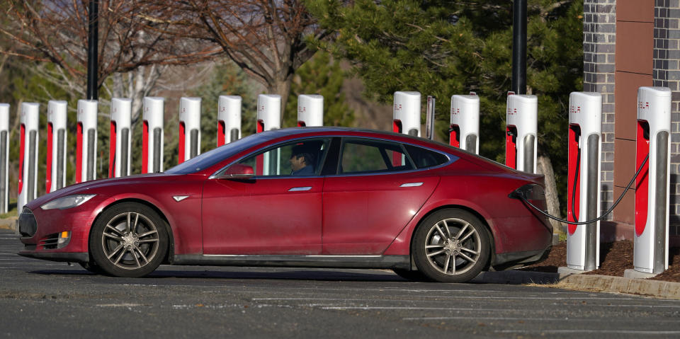 on Wednesday, Nov. 18, 2020, in the gaming town of Black Hawk, Colo. (AP Photo/David Zalubowski) Motorists charge their Tesla vehicles at a Tesla supercharging station located in the parking lot of Colorado Mills outlet mall Wednesday, Nov. 17, 2020, in Golden, Colo. (AP Photo/David Zalubowski)