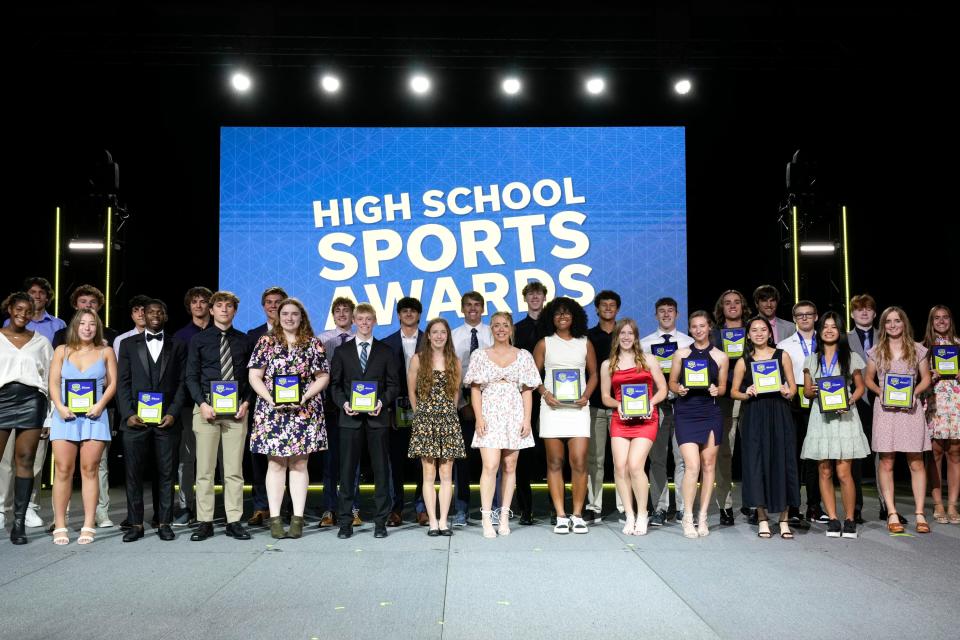 Student award winners stand on the stage during the 2023 Central Ohio High School Sports Awards on Thursday.