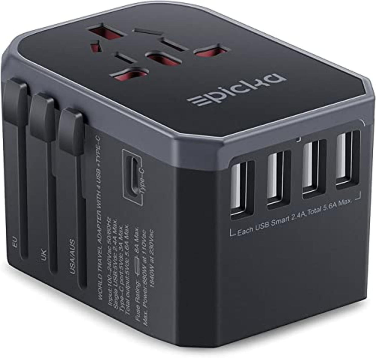 EPICKA Universal Travel Adapter One International Wall Charger AC Plug Adaptor with 5.6A Smart Power and 3.0A USB Type-C for USA EU UK AUS (TA-105, Grey) (AMAZON)