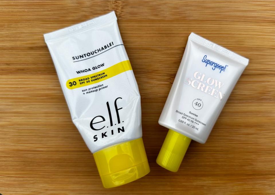 A sunscreen from ELF Cosmetics (left) and one from Supergoop! (right).