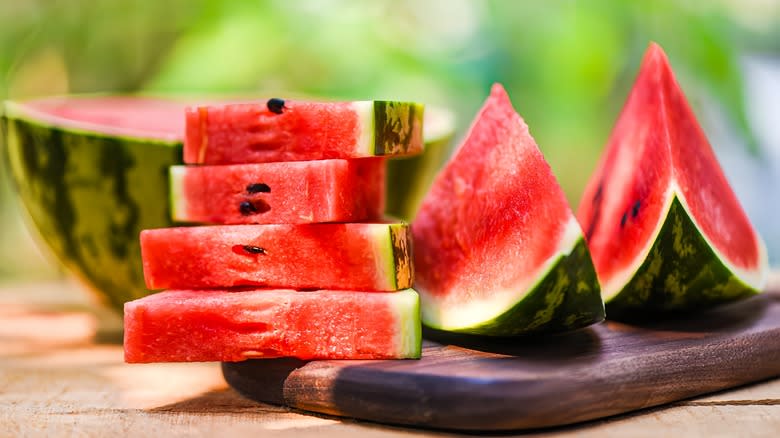 cut up watermelon on table