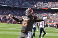 Cleveland Browns quarterback Baker Mayfield celebrates a touchdown during the first half of an NFL football game against the Seattle Seahawks, Sunday, Oct. 13, 2019, in Cleveland. (AP Photo/David Richard)