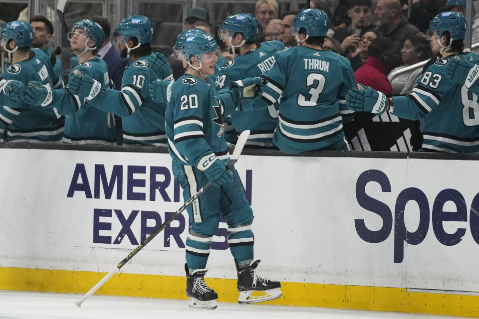 San Jose Sharks left wing Fabian Zetterlund (20) celebrates after scoring during the second period of an NHL hockey game against the Los Angeles Kings Monday, Jan. 22, 2024, in Los Angeles. (AP Photo/Ashley Landis)