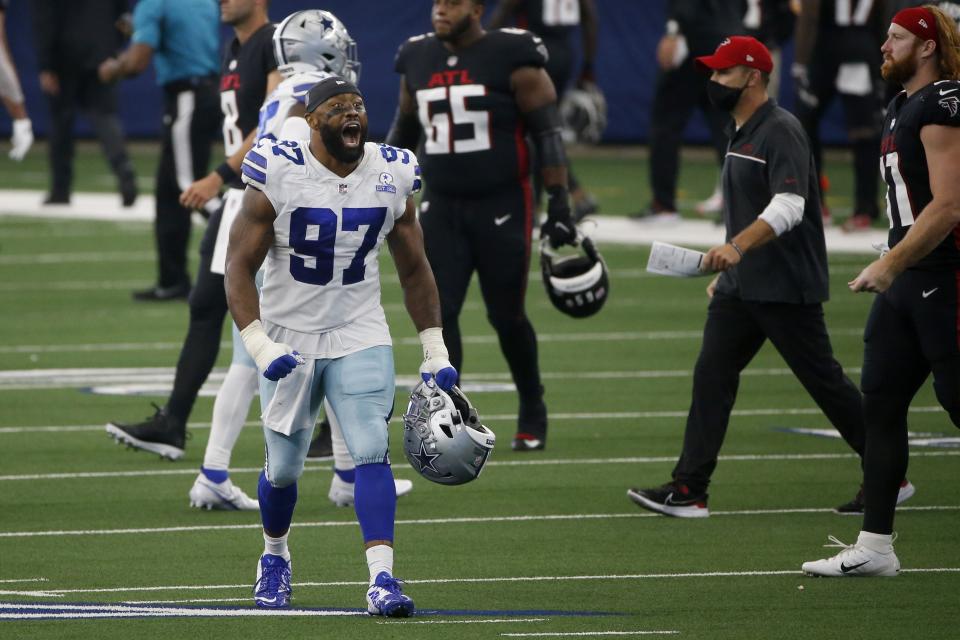 Dallas Cowboys defensive end Everson Griffen (97) celebrates their 40-39 win against the Atlanta Falcons. (AP Photo/Ron Jenkins)