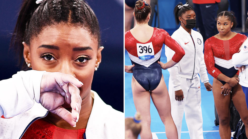 Simone Biles, pictured here fighting tears after she abruptly withdrew. 