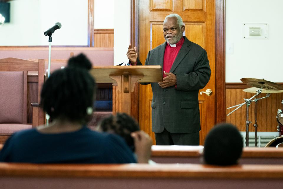 Pastor Tom Collins preaches to his congregation at Bethlehem Baptist Church.