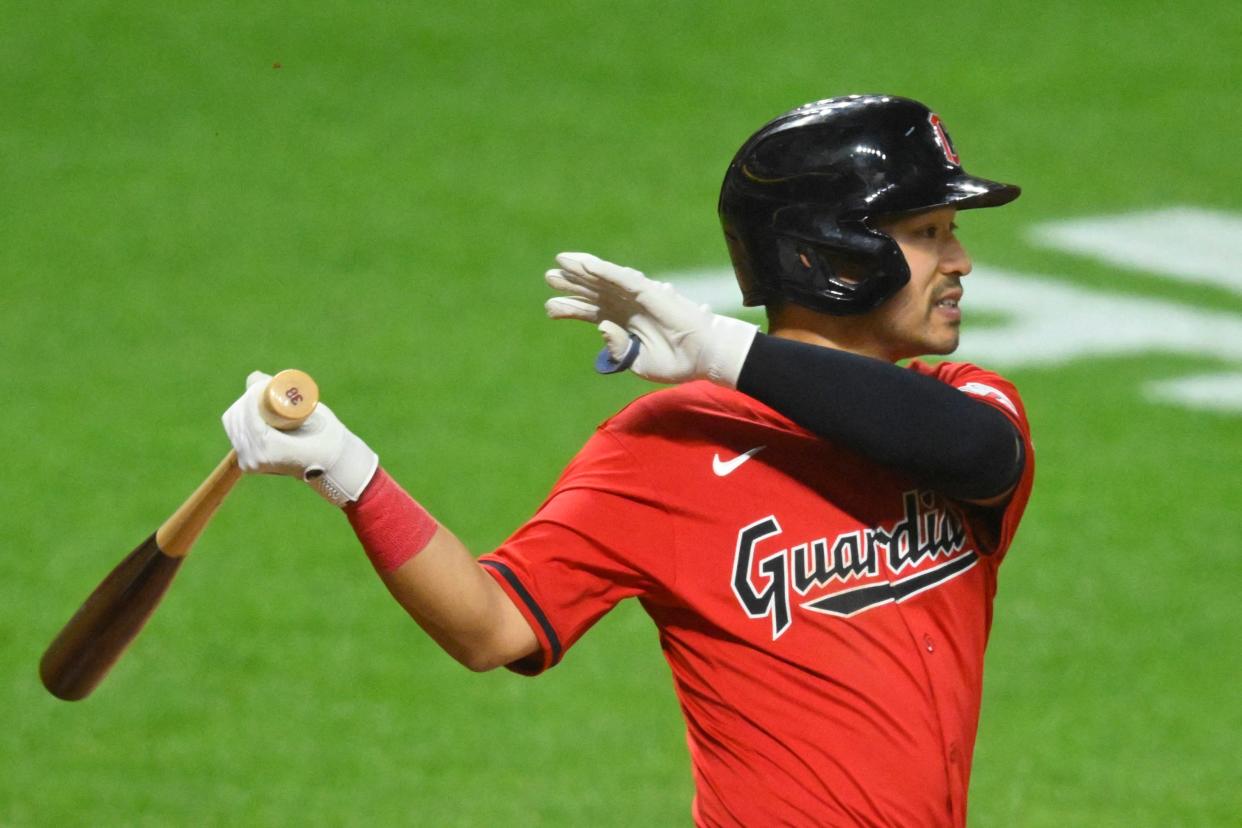 Guardians left fielder Steven Kwan singles in the eighth inning against the Los Angeles Angels, May 3, 2024, in Cleveland.