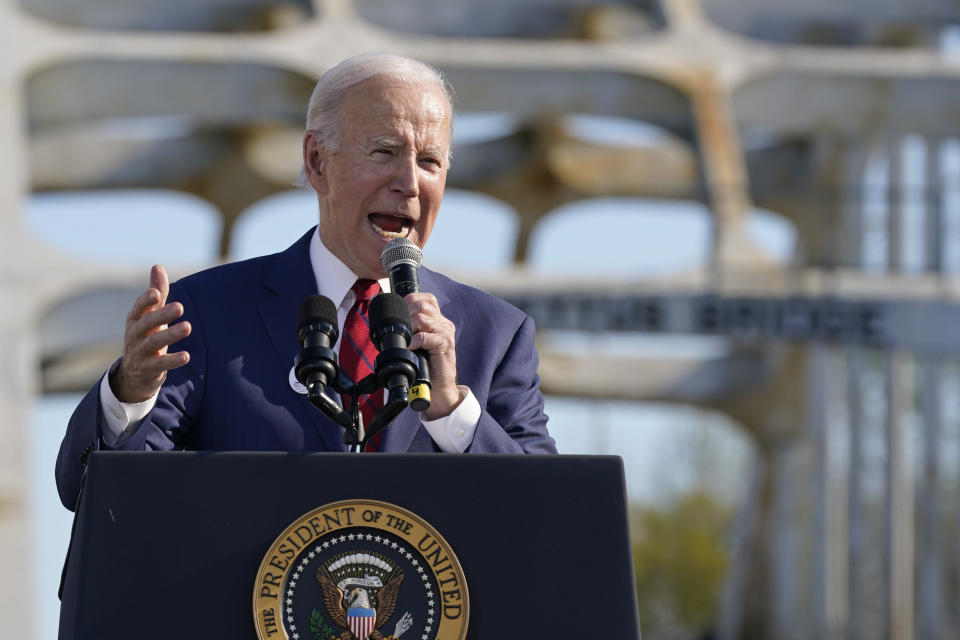 President Joe Biden speaks near the Edmund Pettus Bridge in Selma, Ala., Sunday, March 5, 2023, to commemorate the 58th anniversary of "Bloody Sunday," a landmark event of the civil rights movement. (AP Photo/Patrick Semansky)