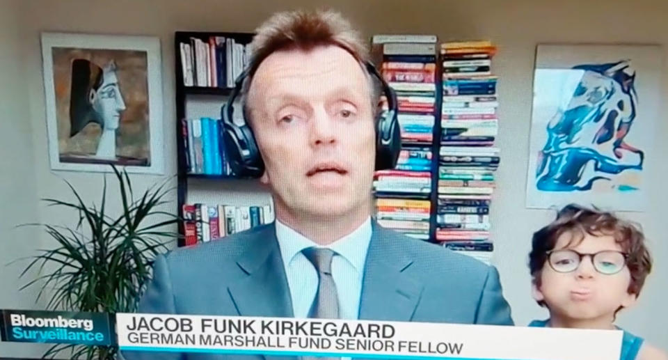 Jacob Funk Kirkegaard's son interrupted his Zoom minterview with Bloomberg Surveillance. Source: Twitter - @daniel_mcdowell via Bloomberg