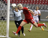 VANCOUVER, CANADA - JANUARY 23: Sophie Schmidt #13 of Canada just misses with a header against Julieth Arias #1 of Costa Rica during the 2012 CONCACAF Women's Olympic Qualifying Tournament at BC Place on January 23, 2012 in Vancouver, British Columbia, Canada. (Photo by Jeff Vinnick/Getty Images)