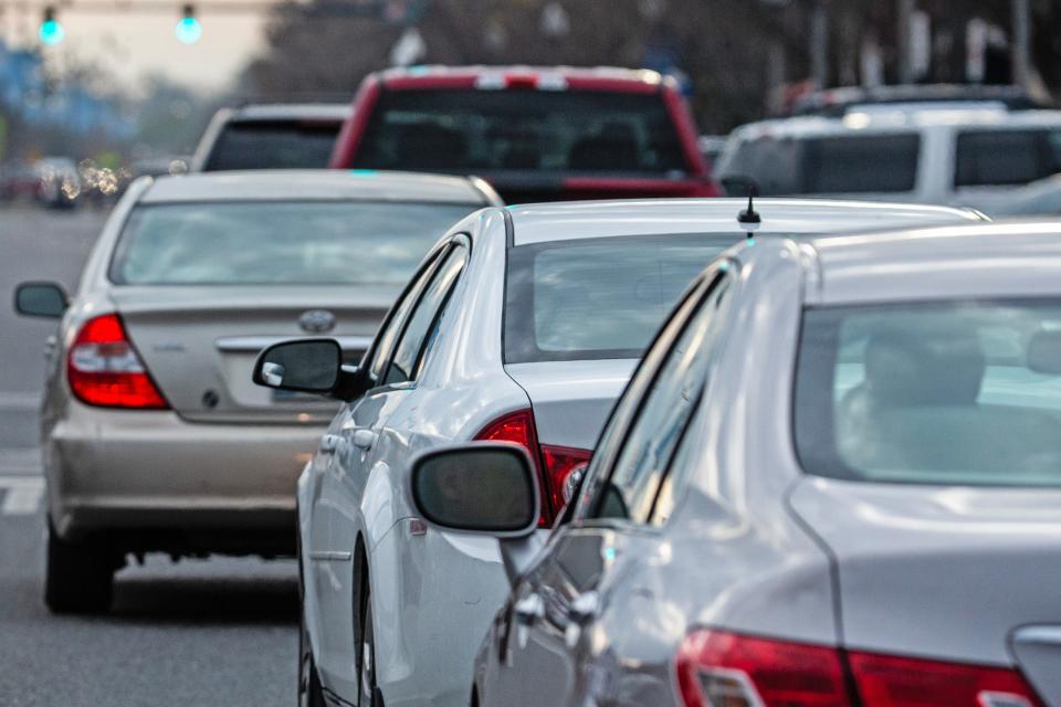 Bumber to bumper traffic is featured on Rehoboth Avenue in Rehoboth Beach, Tuesday, March 28, 2023.