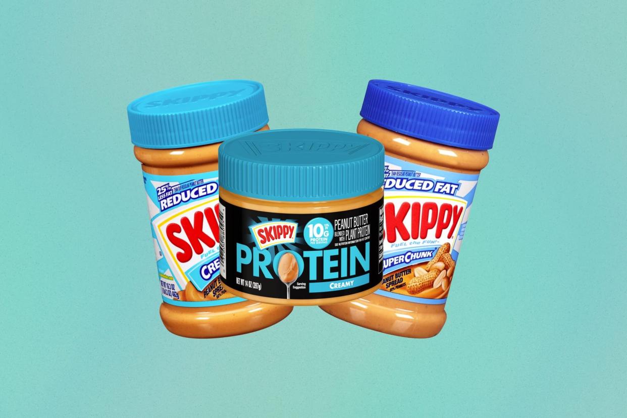 Three jars of skippy's peanut butter against a teal background
