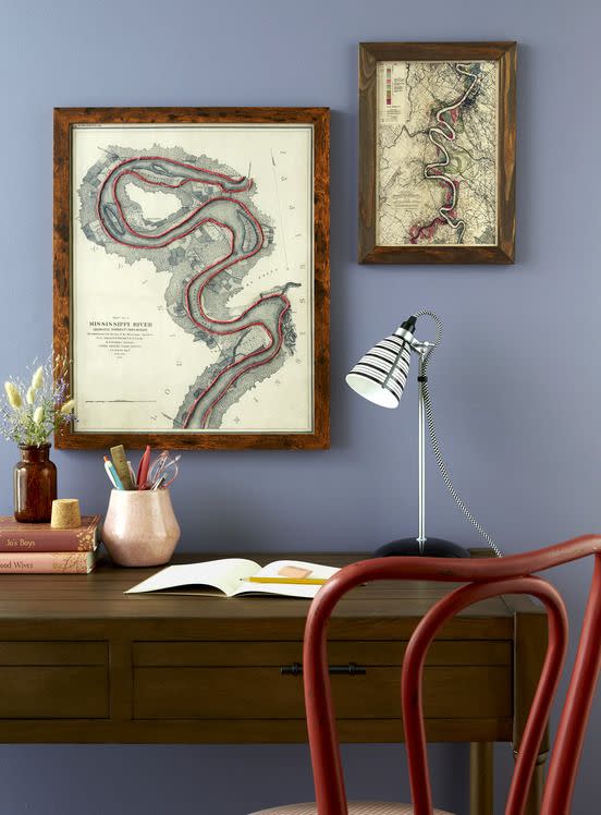 <p>Memorialize a vacation, hiking excursion, rowing adventure, or road trip by outlining the route traversed with ribbon or twine on a new or vintage map. Hold both options in place on the map with hot-glue.</p>
