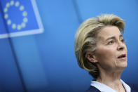 European Commission President Ursula von der Leyen speaks during a media conference at the end of an EU summit in Brussels, Friday, Feb. 26, 2021. NATO Secretary General Jens Stoltenberg joined a videoconference with EU leaders on Friday, to focus on ways to boost cooperation and avoid doubling up on security issues between the military alliance and the 27-nation bloc. (Johanna Geron, Pool via AP)