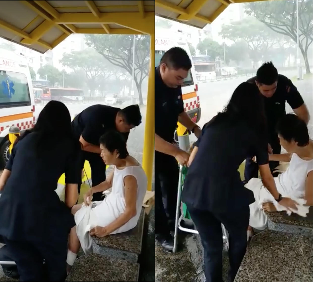 People are praising Singapore paramedics for helping an elderly caught in the rain (Photo: Facebook Video Screengrab)