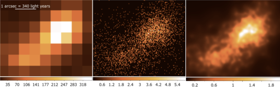 Getting the ultimate Chandra resolution. From left to right, you see the raw image, the same image at a higher resolution and the image after applying a smoothing algorithm. G. Fabbiano