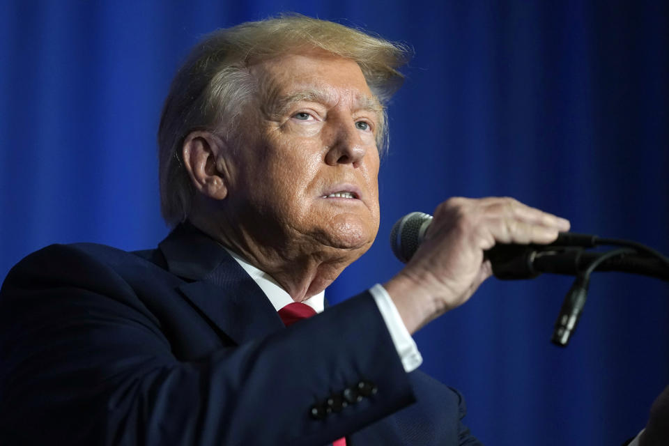 Former President Donald Trump speaks at the New Hampshire Federation of Republican Women Lilac Luncheon, Tuesday, June 27, 2023, in Concord, N.H. A federal judge upheld a $5 million jury verdict against Donald Trump on Wednesday, rejecting the former president’s claim that the award was excessive and that a jury in a civil case vindicated him by failing to conclude that he raped a columnist in a luxury department store dressing room in the 1990s. (AP Photo/Steven Senne)