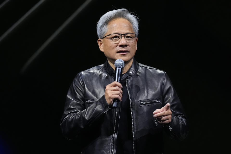 Jensen Huang, CEO of Nvidia, speaks as a keynote speaker at SIGGRAPH 2024, the premier conference for computer graphics and interactive technologies, at the Colorado Convention Center on Monday, July 29, 2024, in Denver. (AP Photo/David Zalubowski)