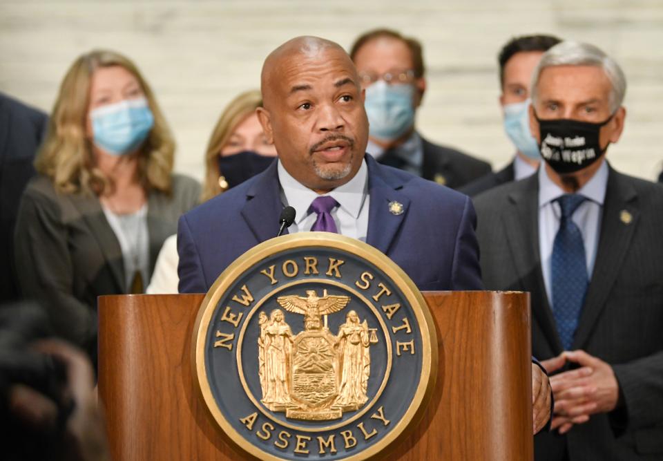 Assembly Speaker Carl Heastie, D-Bronx, speaks to reporters during a news conference on Monday, Aug. 9, 2021 in Albany, New York.