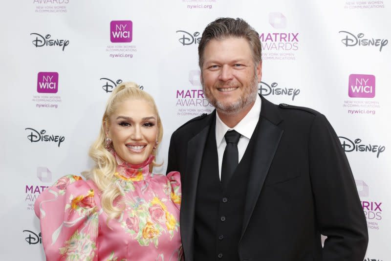 Gwen Stefani (L) and Blake Shelton released a new song together, "Purple Irises." File Photo by John Angelillo/UPI