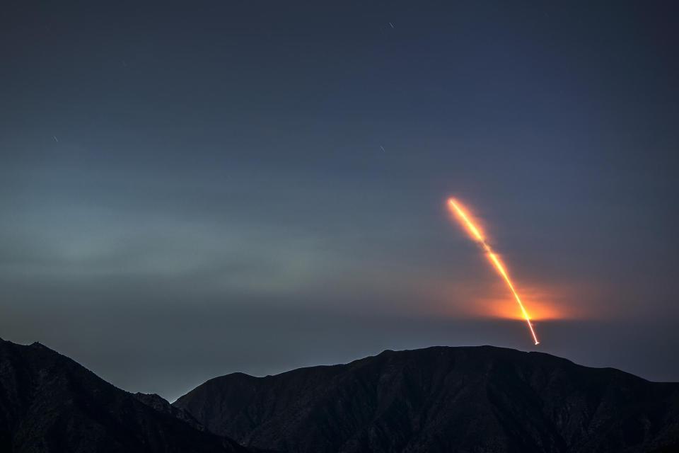 The Atlas 5 rocket carrying the Mars InSight probe launches from Vandenberg Air Force Base, as seen from the San Gabriel Mountains more than 100 miles away, on May 5, 2018 near Los Angeles, California: David McNew/Getty Images