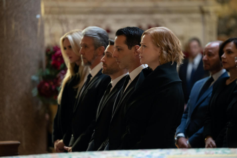The Roy siblings all standing at the funeral of their father in Episode 9 of Season 4 of "Succession" 