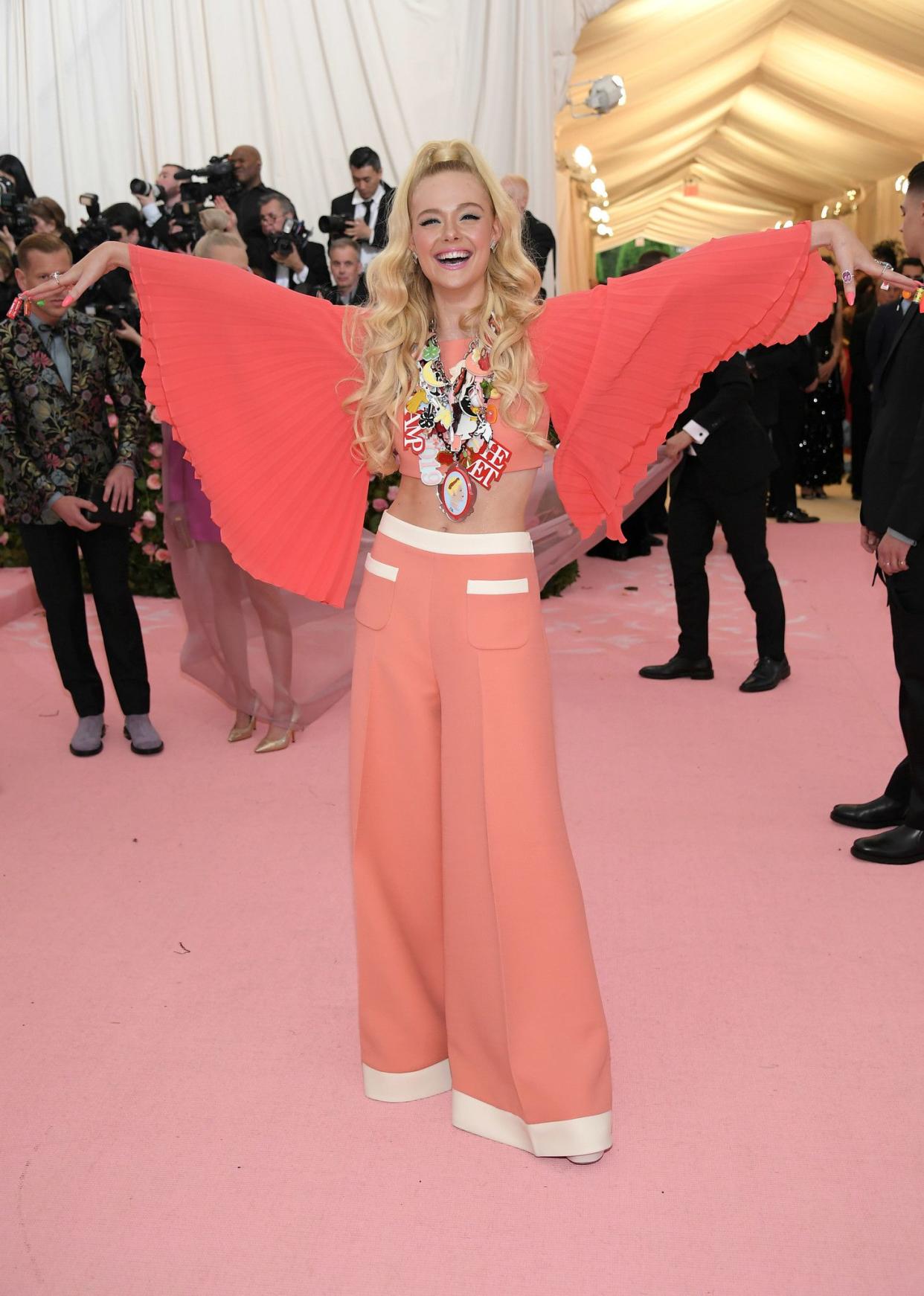 Elle Fanning attends The 2019 Met Gala Celebrating Camp: Notes on Fashion at Metropolitan Museum of Art on May 06, 2019 in New York City.