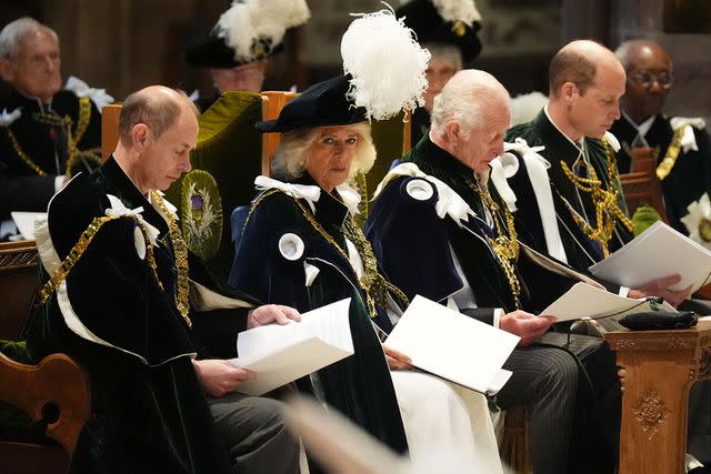 <p>ANDREW MILLIGAN/POOL/AFP via Getty Images</p> Prince Edward, Queen Camilla, King Charles and Prince William at the Thistle Service at St Giles' Cathedral in Edinburgh, Scotland on July 3, 2024.