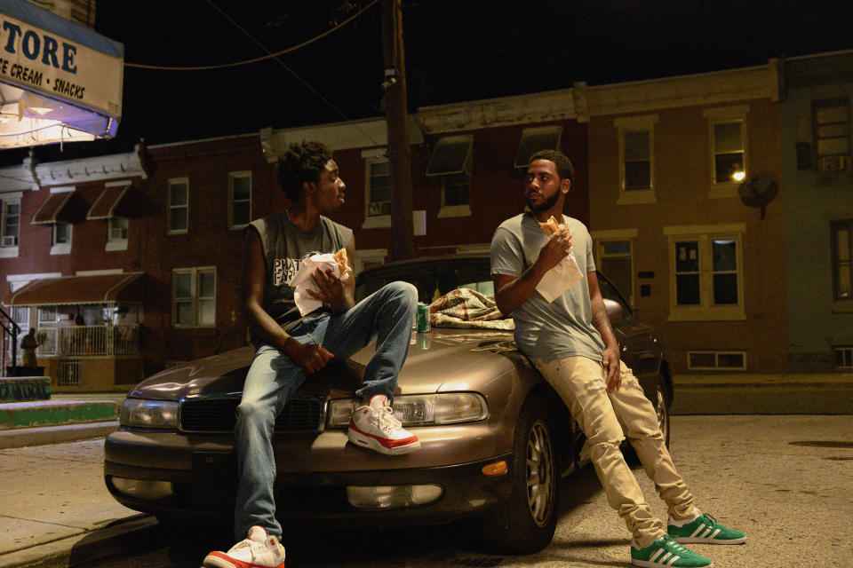 This image released by Netflix shows Caleb McLaughlin, left, and Jharrel Jerome in a scene from "Concrete Cowboys." (Aaron Ricketts/Netflix via AP)