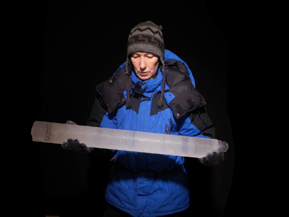 Study coauthor Margit Schwikowski with an ice core from the the Corbassière glacier. Scanderbeg Sauer Photography