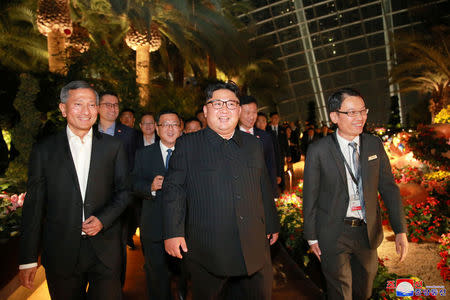 North Korea's leader Kim Jong Un, accompanied by Singapore's Foreign Minister Vivian Balakrishnan, visits Singapore in this picture released on June 11, 2018 by North Korea's Korean Central News Agency. KCNA via REUTERS