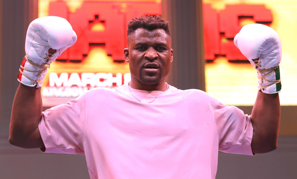 Francis Ngannou poses for a photograph during a media workout on March 5, 2024, in Riyadh, Saudi Arabia. / Credit: Richard Pelham/Getty Images