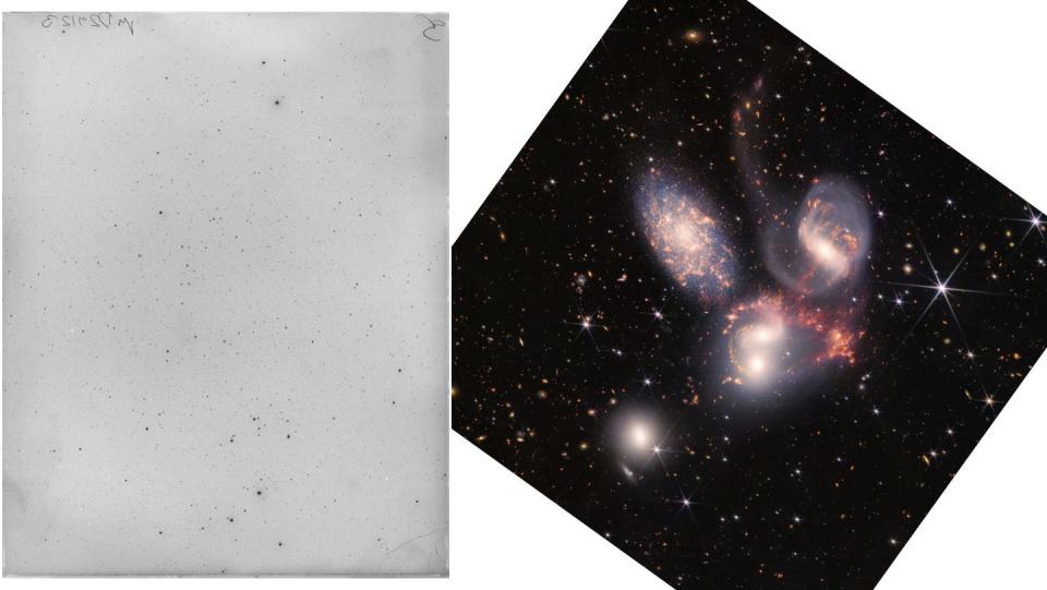 Stephan's Quintet near center of plate. Image taken at Oak Ridge Observatory in Massachusetts on October 1, 1937.