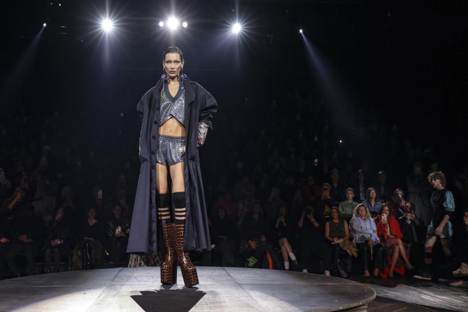 Bella Hadid wears a creation for the Vivienne Westwood ready-to-wear Spring/Summer 2023 fashion collection presented Saturday, Oct. 1, 2022 in Paris. (Photo by Vianney Le Caer/Invision/AP)