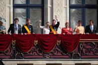 LUXEMBOURG - OCTOBER 20: (NO SALES, NO ARCHIVE) In this handout image provided by the Grand-Ducal Court of Luxembourg, Grand Duke Henri of Luxembourg, Princess Stephanie of Luxembourg, Prince Guillaume of Luxembourgand Grand Duchess Maria Teresa of Luxembourg wave from the balcony of the Grand-Ducal Palace after Prince Guillaume Of Luxembourg & Countess Stephanie de Lannoy's wedding ceremony at the Cathedral of our Lady of Luxembourg on October 20, 2012 in Luxembourg, Luxembourg. The 30-year-old hereditary Grand Duke of Luxembourg is the last hereditary Prince in Europe to get married, marrying his 28-year old Belgian Countess bride in a lavish 2-day ceremony. (Photo by Grand-Ducal Court of Luxembourg via Getty Images)