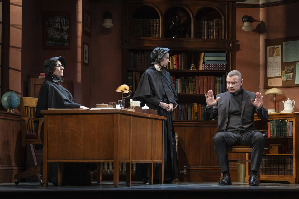 This image released by Polk & Co. shows Amy Ryan as Sister Aloysius, from left, Zoe Kazan as Sister James, and Liev Schreiber as Father Flynn, in Roundabout Theatre Company's new Broadway production of "Doubt: A Parable" by John Patrick Shanley. (Joan Marcus/Polk & Co. via AP)