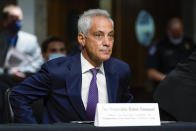 U.S. Ambassador to Japan nominee Rahm Emanuel arrives for a hearing to examine his nomination before the Senate Foreign Relations Committee on Capitol Hill in Washington, Wednesday, Oct. 20, 2021. (AP Photo/Patrick Semansky)