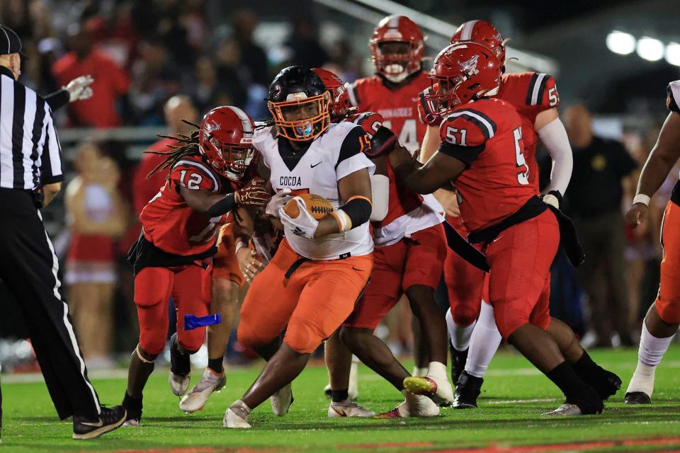 Cocoa's Samadrae Hawkins (15) gets the ball on a turnover during the fourth quarter against Bradford.