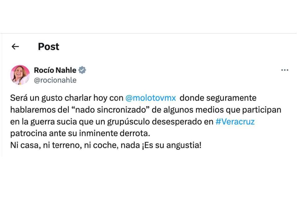 Tuit de Rocío Nahle quejándose de la prensa que publica notas sobre sus propiedades en Veracruz.