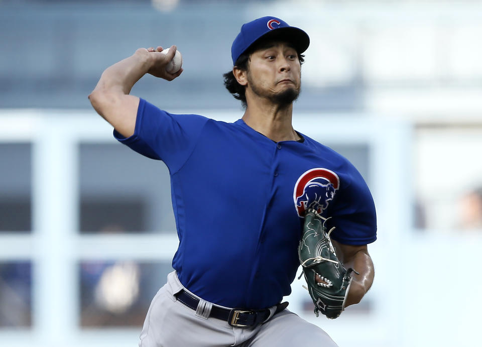 Chicago Cubs starting pitcher Yu Darvish throws to a Los Angeles Dodgers batter during the first inning of a baseball game in Los Angeles, Saturday, June 15, 2019. (AP Photo/Alex Gallardo)