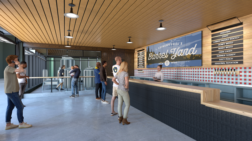 Renderings show the inside of the Barrel Yard restaurant space inside American Family Field, set to open in spring of 2023 in place of the Restaurant To Be Named Later