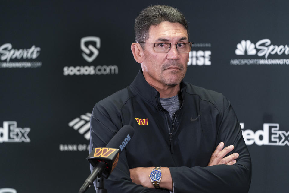 Washington Commanders head coach Ron Rivera pauses while speaking during a media availability at the team's NFL football training facility, Tuesday, July 26, 2022 in Ashburn, Va. (AP Photo/Alex Brandon)