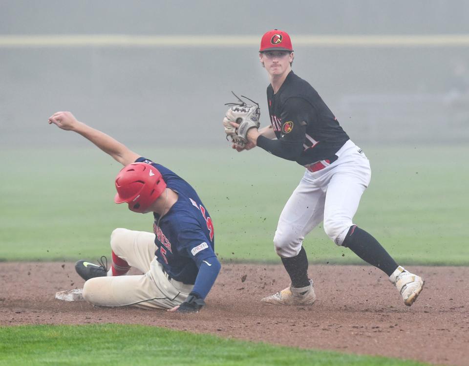 HARWICH -- 07/14/21 -- Orleans shortstop Ben Blackwell turns to complete a double play after forcing Chris Newell, of Harwich, at second.