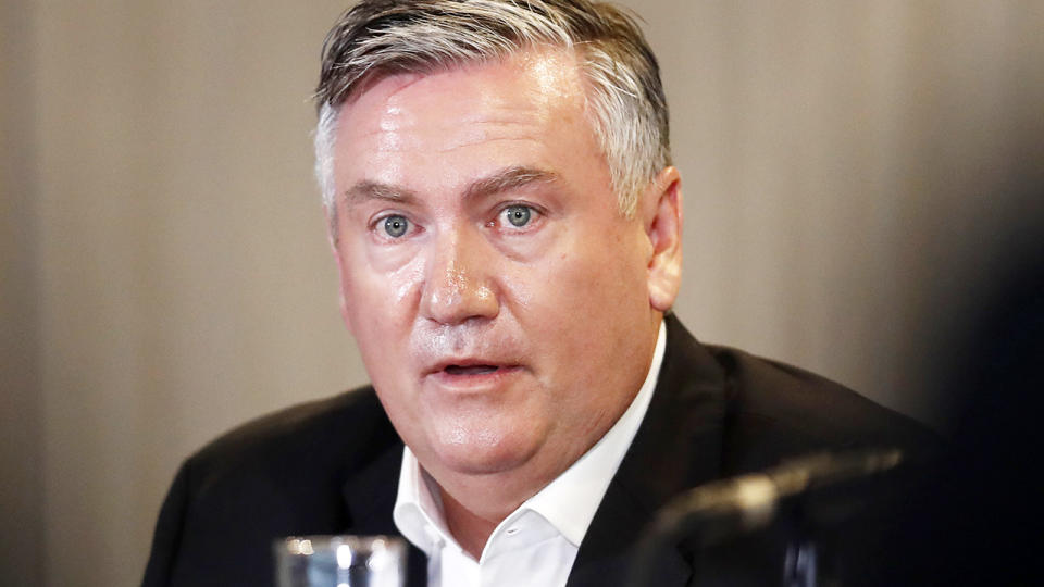 Eddie McGuire, pictured here speaking to the media at a Collingwood press conference in 2021.