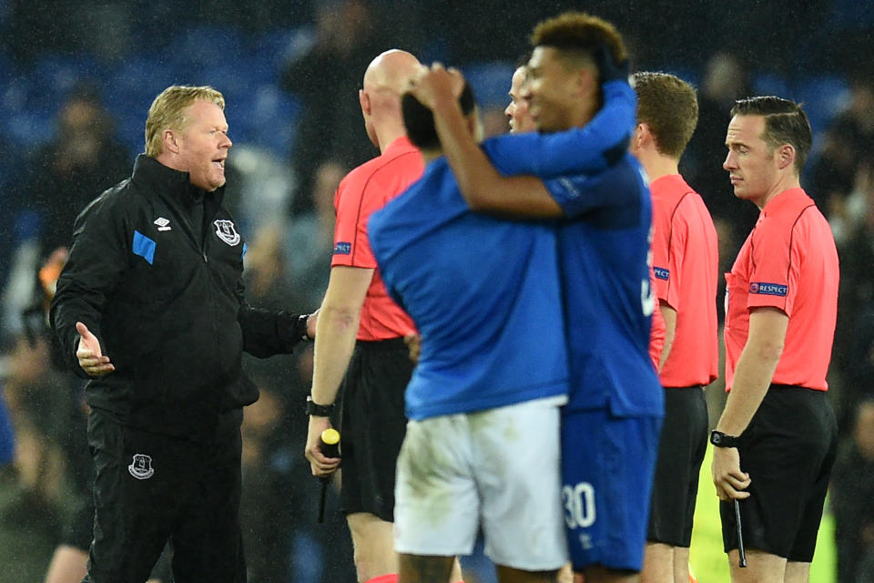 Ronald Koeman rails against the officials in a rather desperate fashion after Everton lost to Lyon.