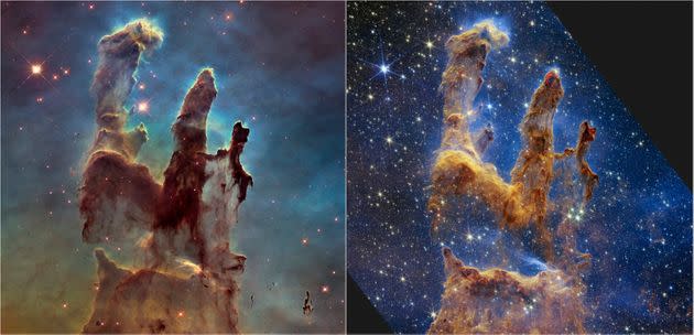 This combination image provided by NASA on Wednesday, Oct. 19, 2022, shows the Pillars of Creation as imaged by NASA's Hubble Space Telescope in 2014, left, and by NASA's James Webb Telescope, right. The new, near-infrared-light view from the James Webb Space Telescope helps us peer through more of the dust in the star-forming region, according to NASA. (NASA, ESA, CSA, STScI via AP) (Photo: via Associated Press)