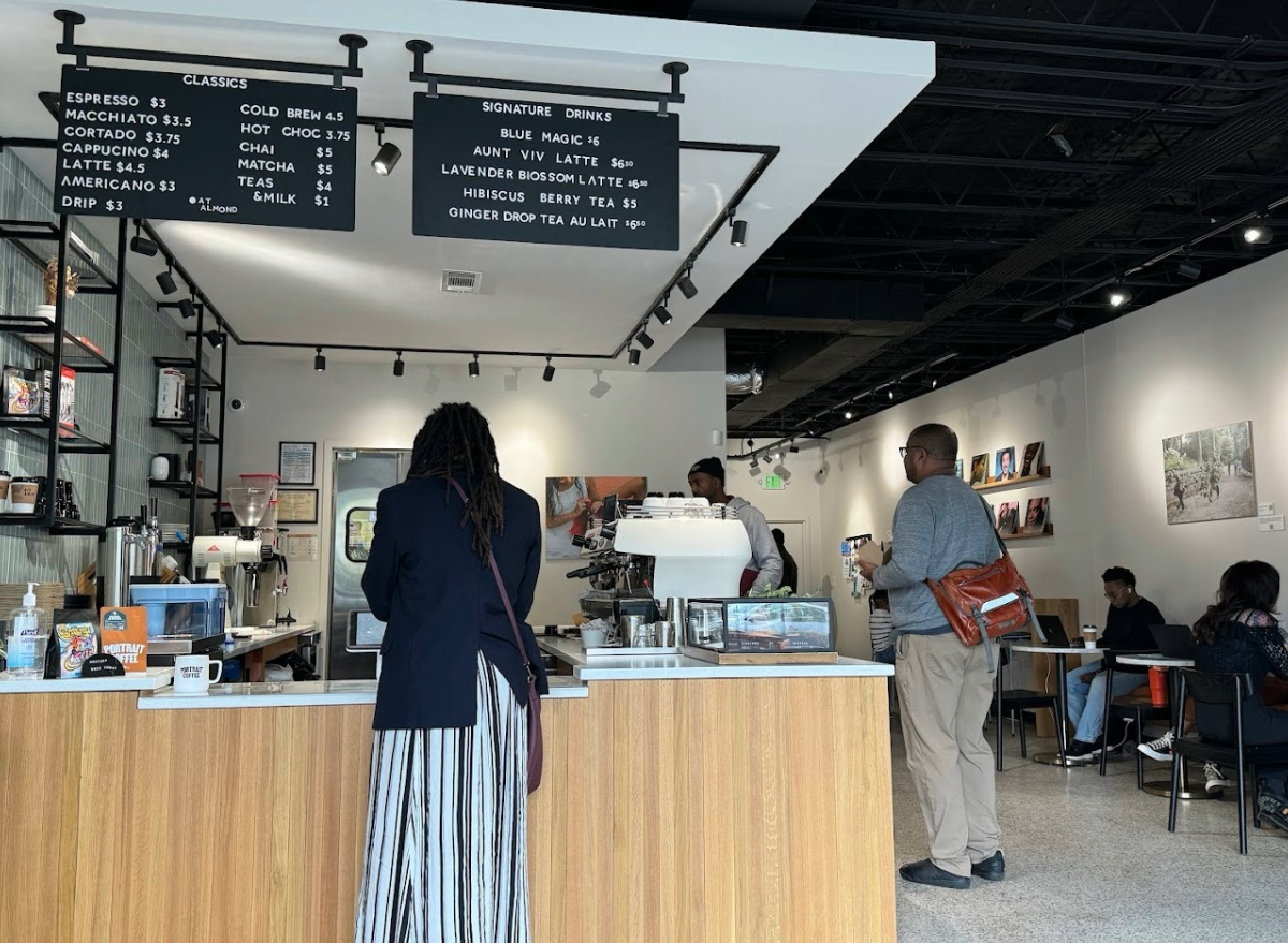 portrait coffee shop interior with customers